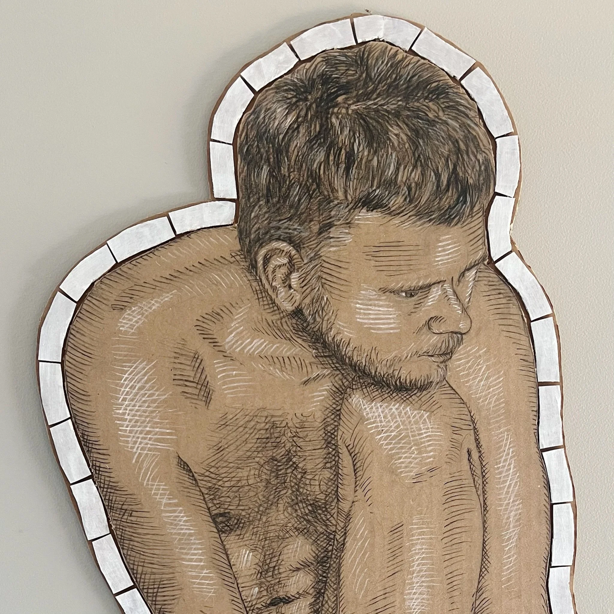 Detail of a new work showing at Arc Gallery at 1246 Folsom St in SF, opening reception June 20, 6-9pm. This piece is from a series of self-portraits drawn on either cardboard or kraft paper, using photos I have taken of myself over many years, sharin