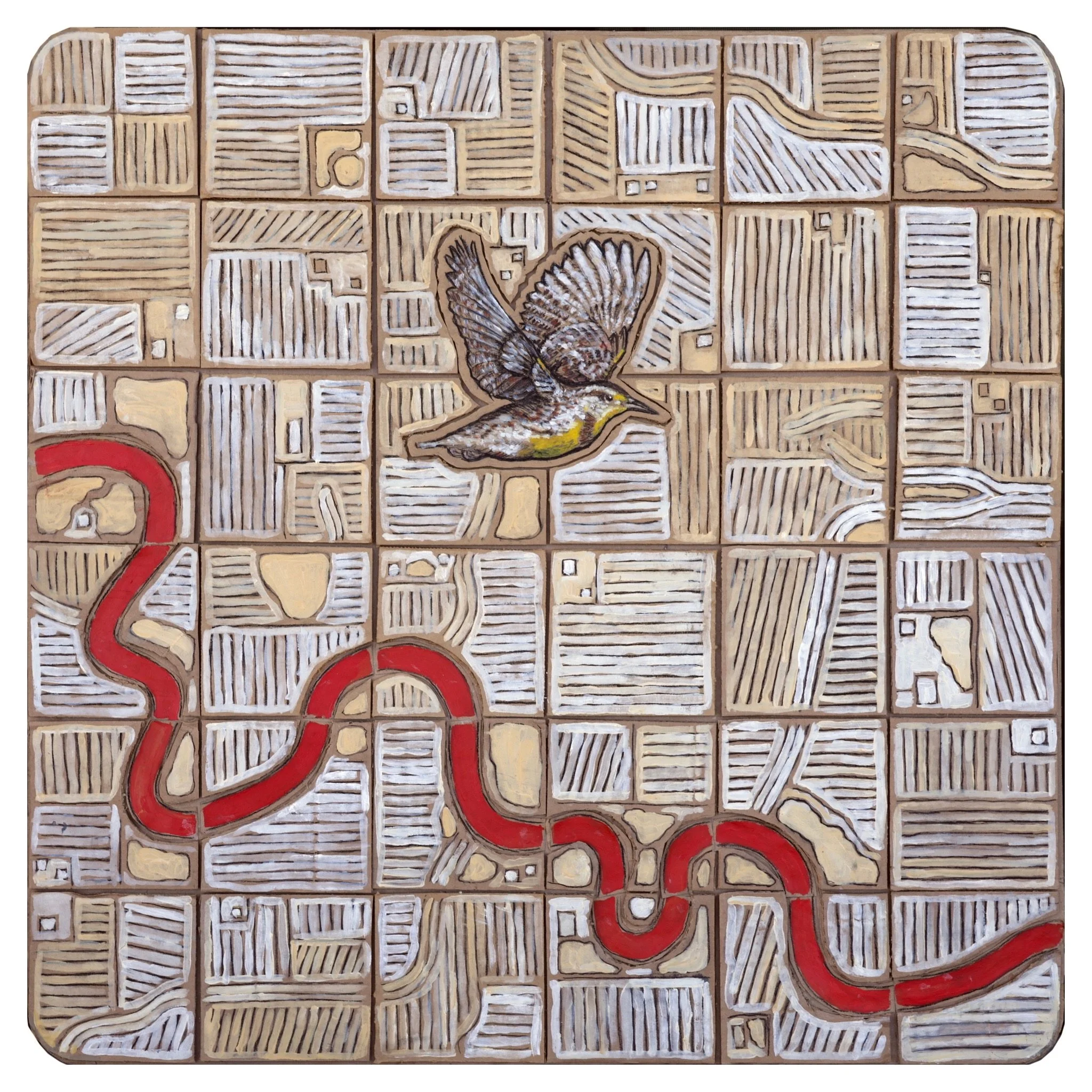 Meadowlark (Red River), 2024. Mixed media (charcoal, acrylic paint, cardboard), 30 x 30 in.