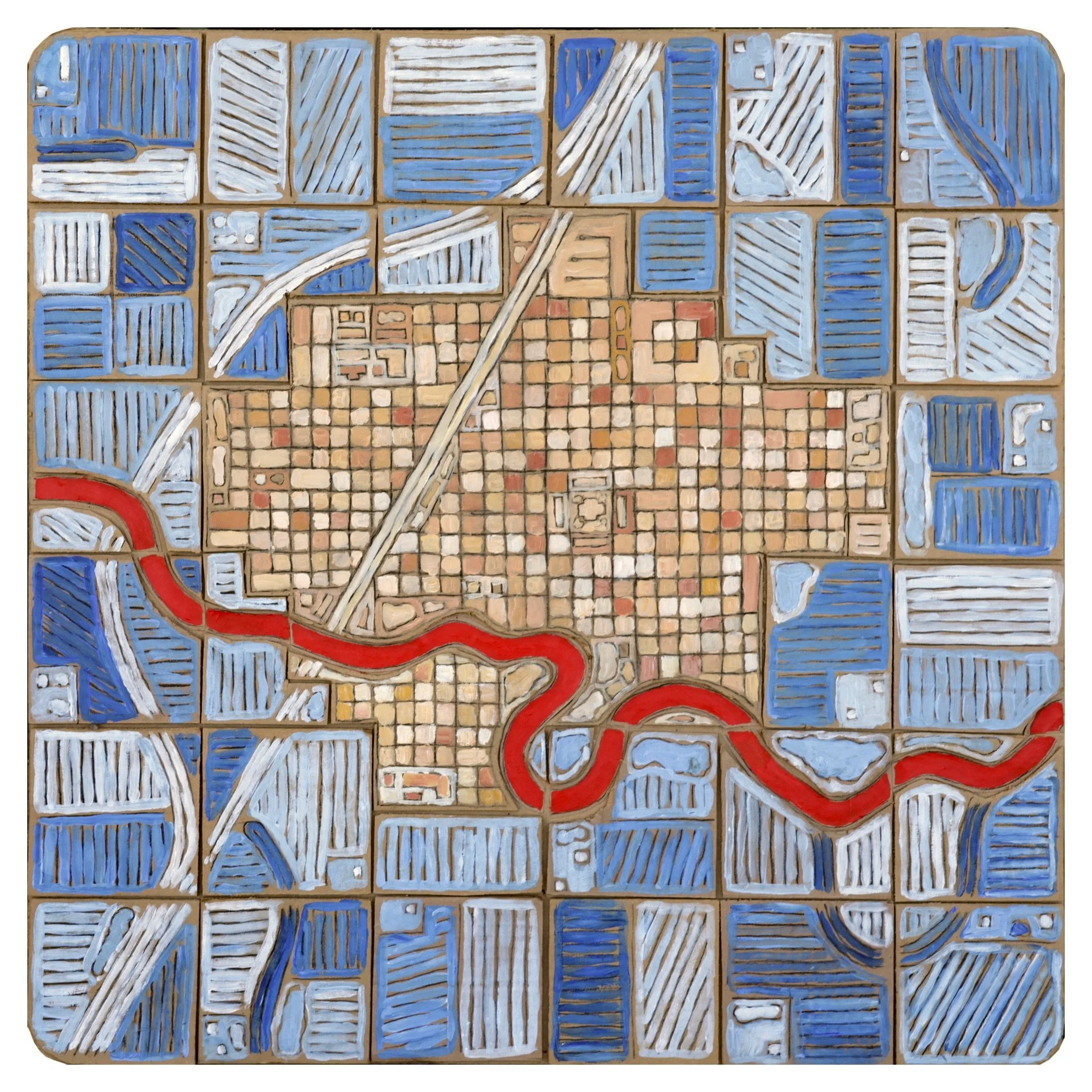 The Town (Red River), 2024. Mixed media (charcoal, acrylic paint, cardboard), 30 x 30 in.