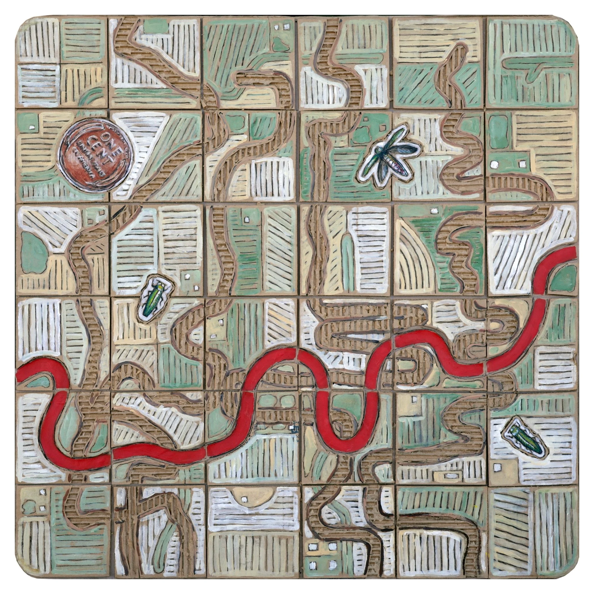 Ash Borer  (Red River), 2024. Mixed media (charcoal, acrylic paint, cardboard), 30 x 30 in.