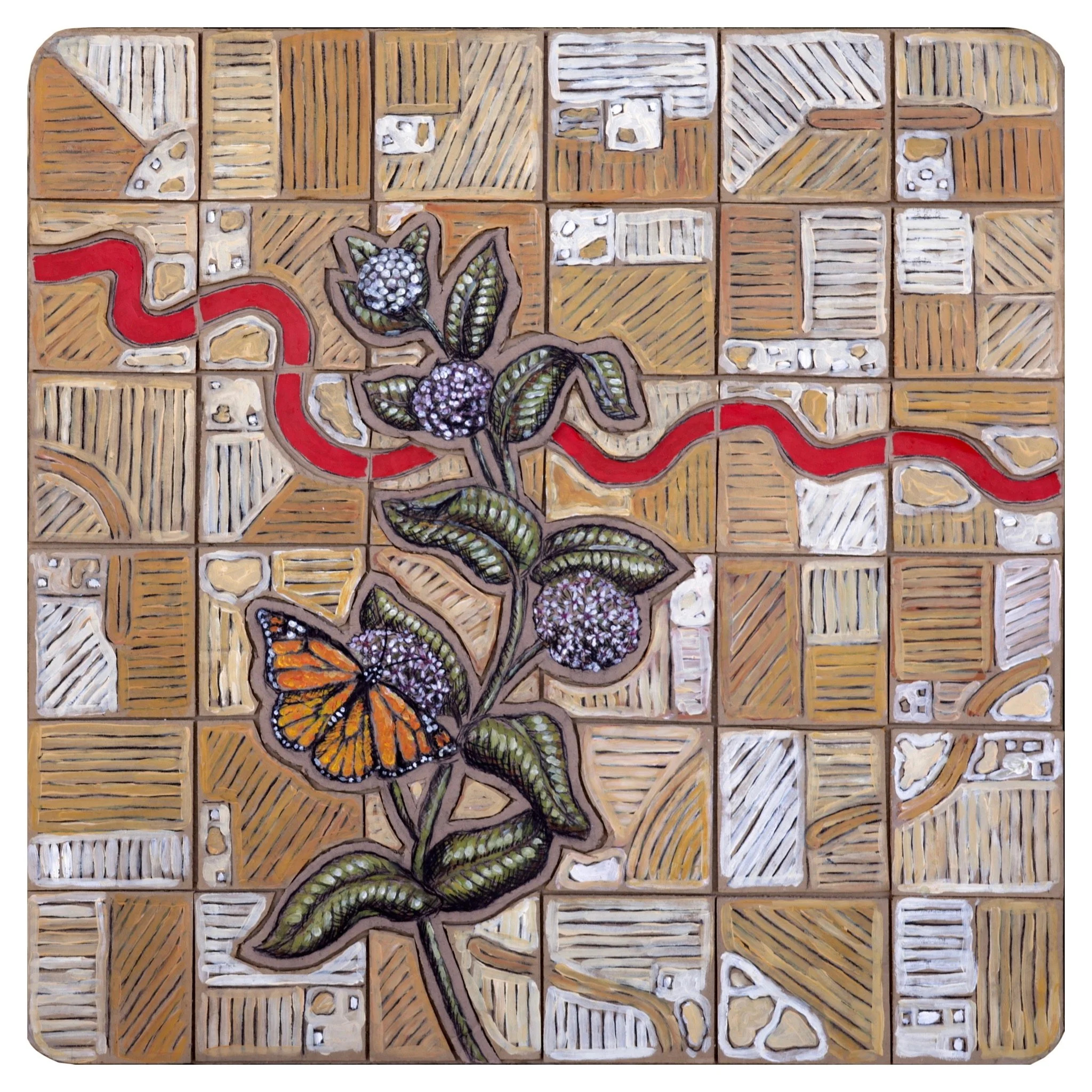 Milkweed (Red River), 2024. Mixed media (charcoal, acrylic paint, cardboard), 30 x 30 in.