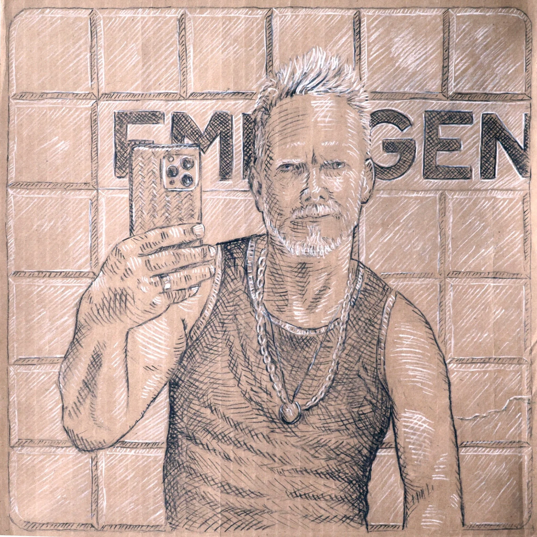 Emergency, 2026. Charcoal and pastel on kraft paper, 15 x 15 in.