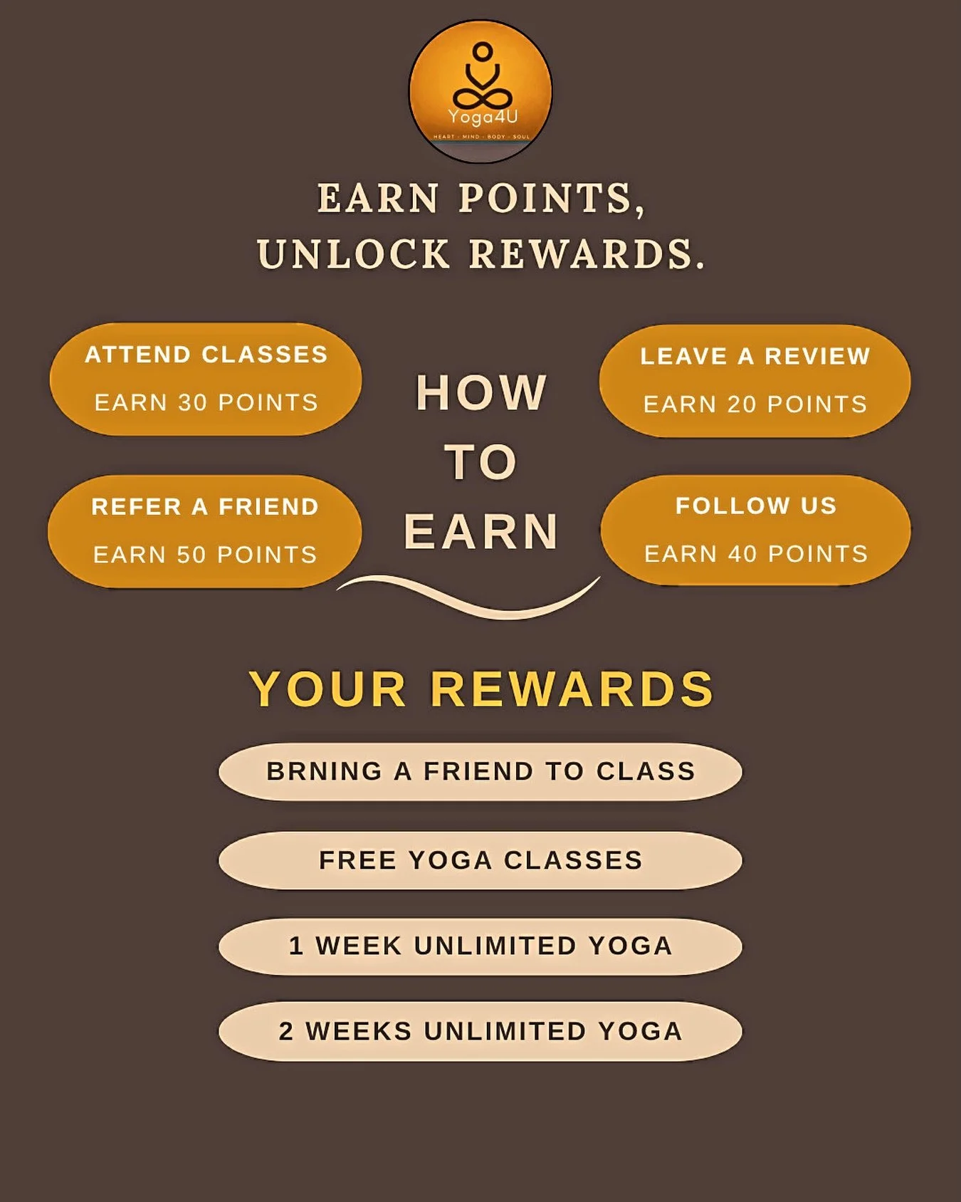 Introducing our updated Rewards Program, because you deserve to be celebrated! Earn points every time you show up on the mat, leave a review, refer a friend, or follow us on social. Then redeem them for free classes, unlimited yoga weeks, and more. T