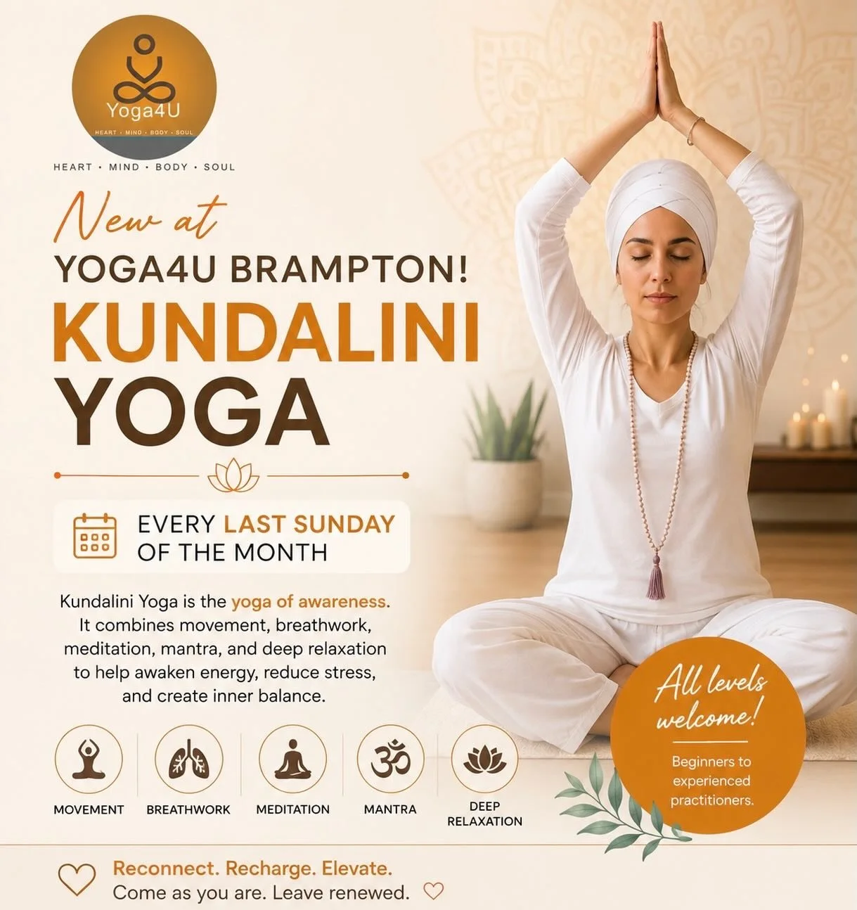 NEW at YOGA4U Brampton ✨
.
Kundalini Yoga is now happening every last Sunday of the month!
Experience a powerful practice that combines:
&bull; Movement
&bull; Breathwork
&bull; Meditation
&bull; Mantra
&bull; Deep relaxation
Kundalini Yoga helps awa