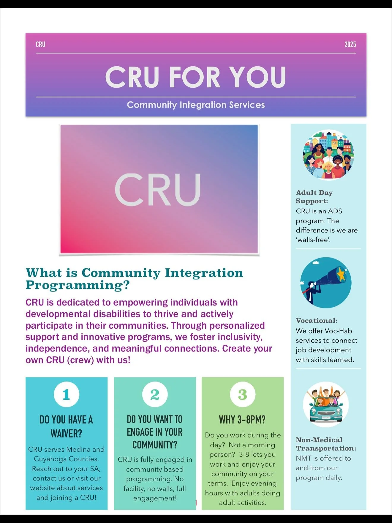 Where Independence Meets Community with CRU: meaningful days out in the community&mdash;no walls, just real-life connections and experiences. No walls, no limits! ✨🌎🤝
Walls-Free Adult Day Program
✔ Community outings
✔ Social &amp; life-skills suppo
