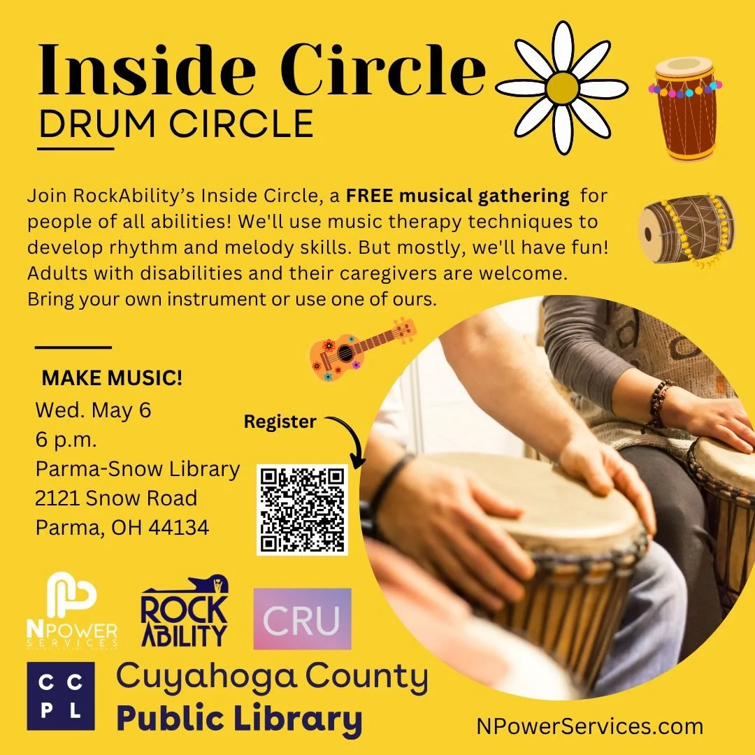 Join us tomorrow for this FREE event for adults and their caregivers! Music, games and community time spent together for an evening out! Don&rsquo;t be shy, come on by! 🥁🪘🎶🎧 @cuyahogadd