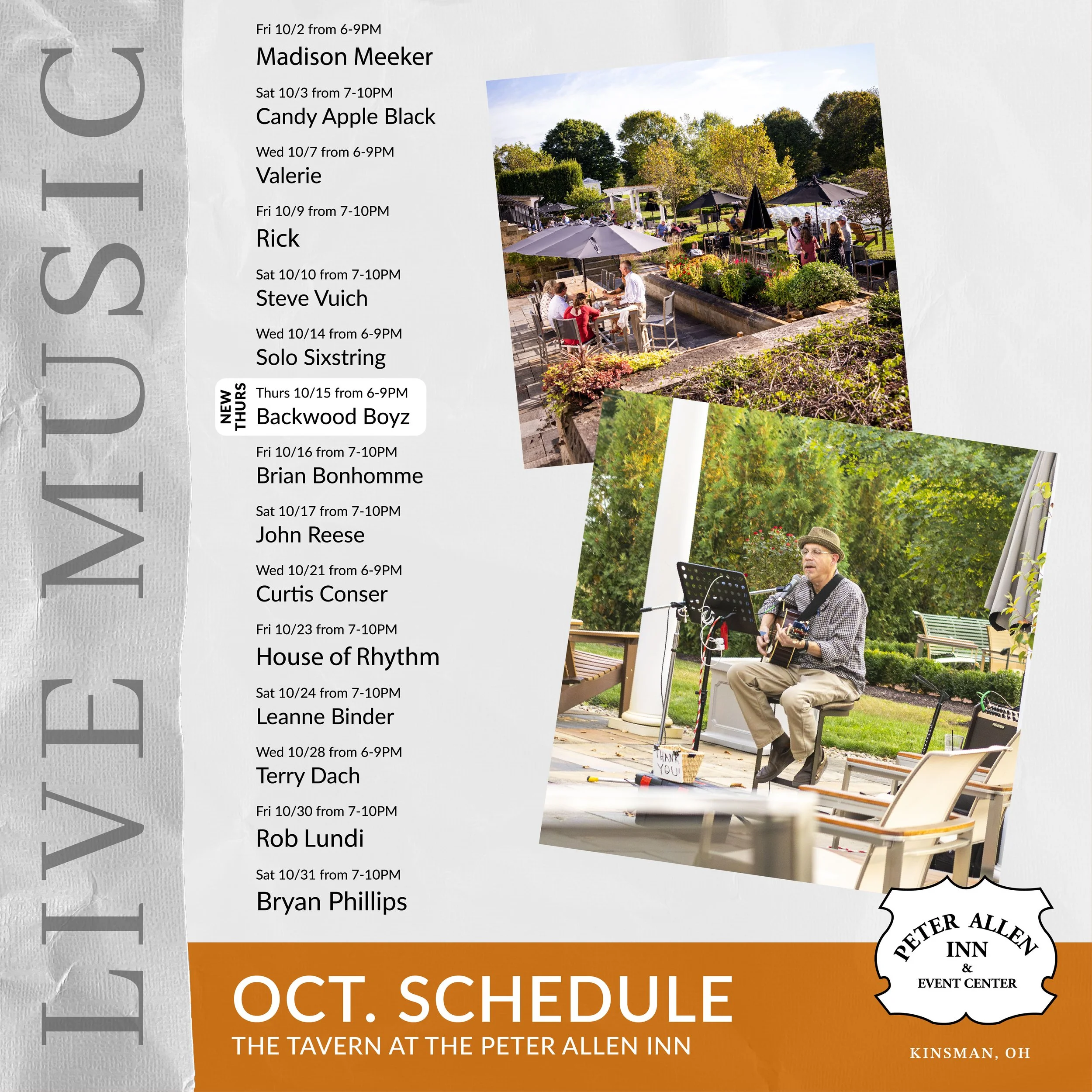 October Live Entertainment Thumbnail with Names, Dates and Times