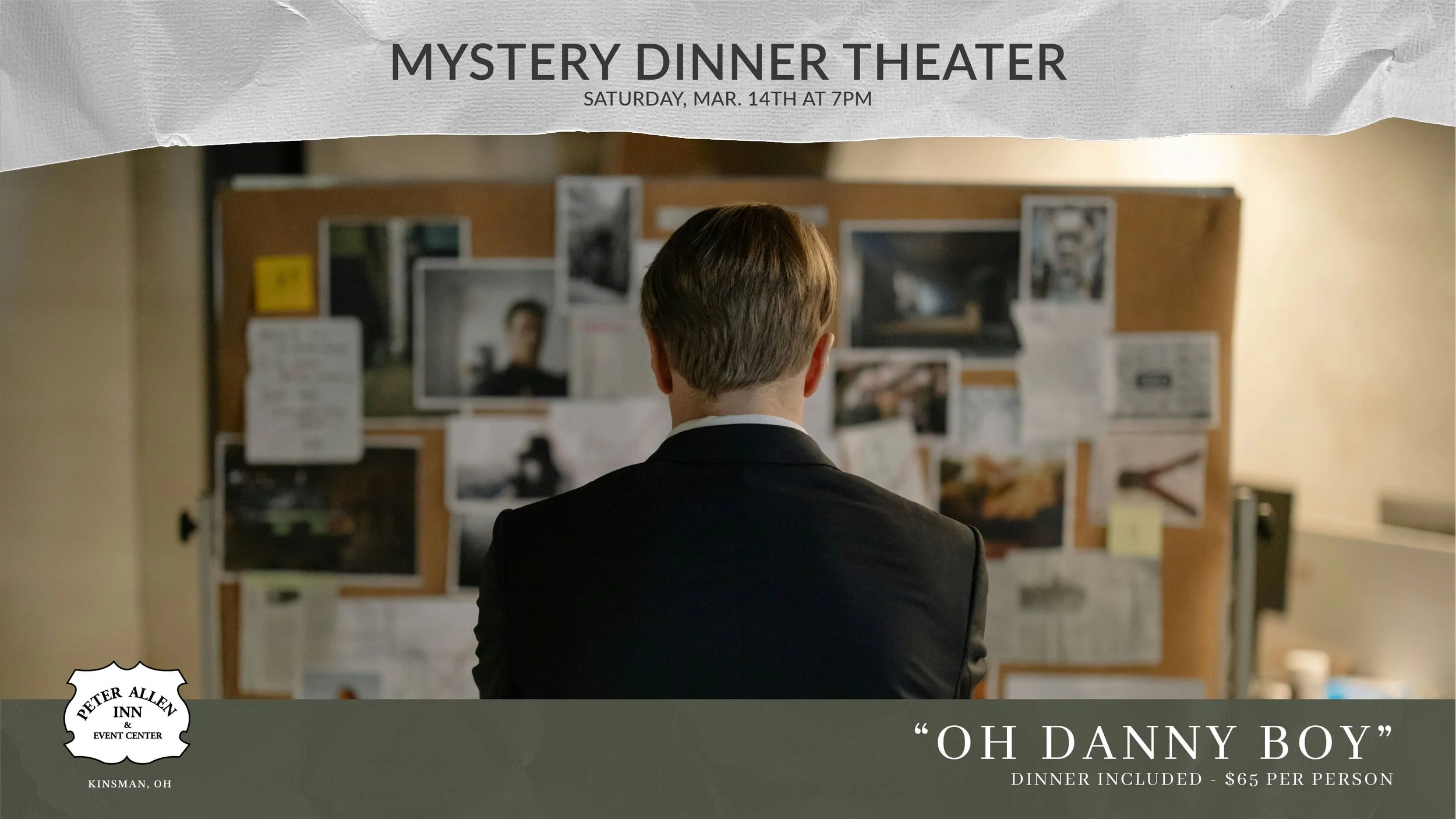 Oh Danny Boy Mystery Dinner Thumbnail with Man Looking at Evidence Board