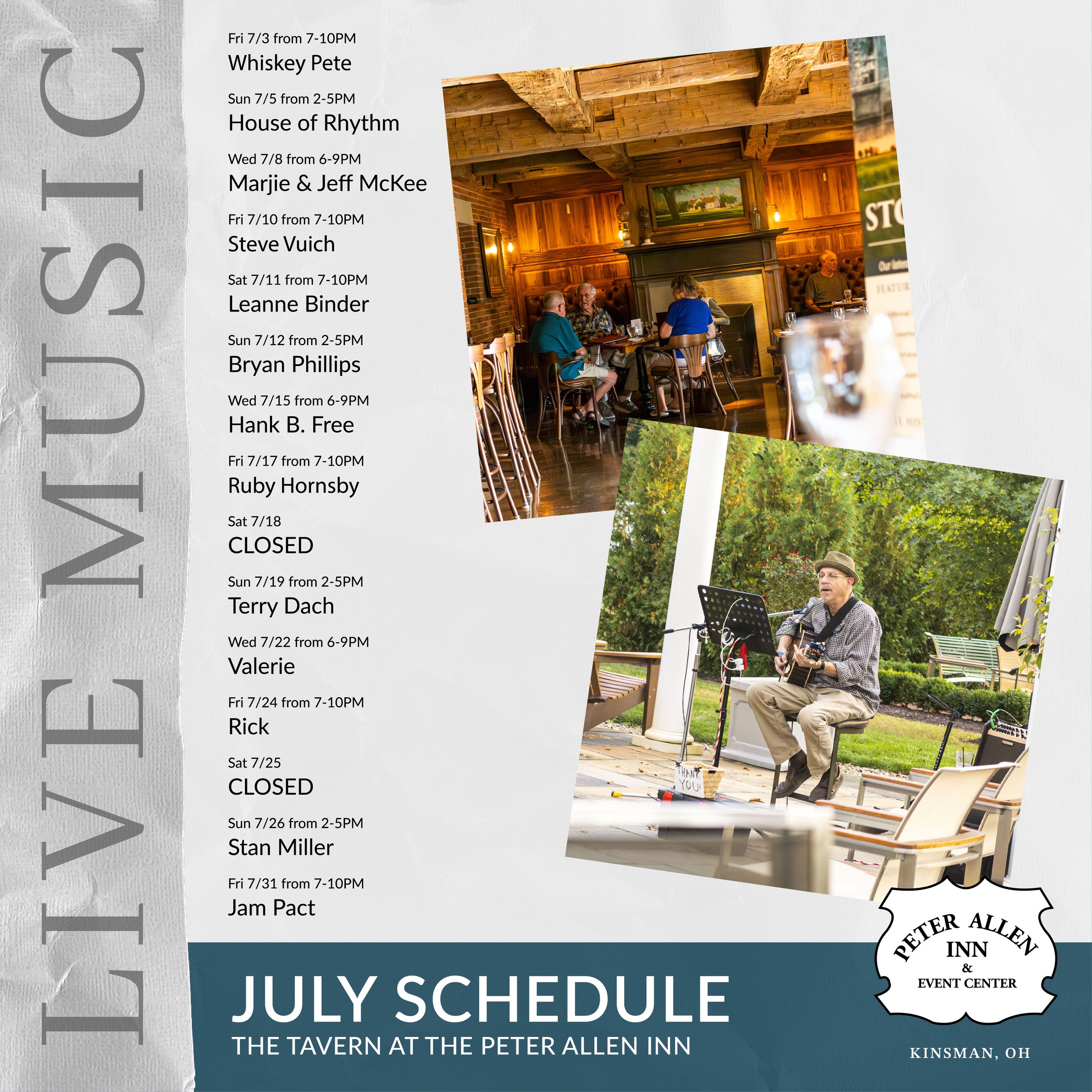 July Live Entertainment Thumbnail with Names, Dates and Times