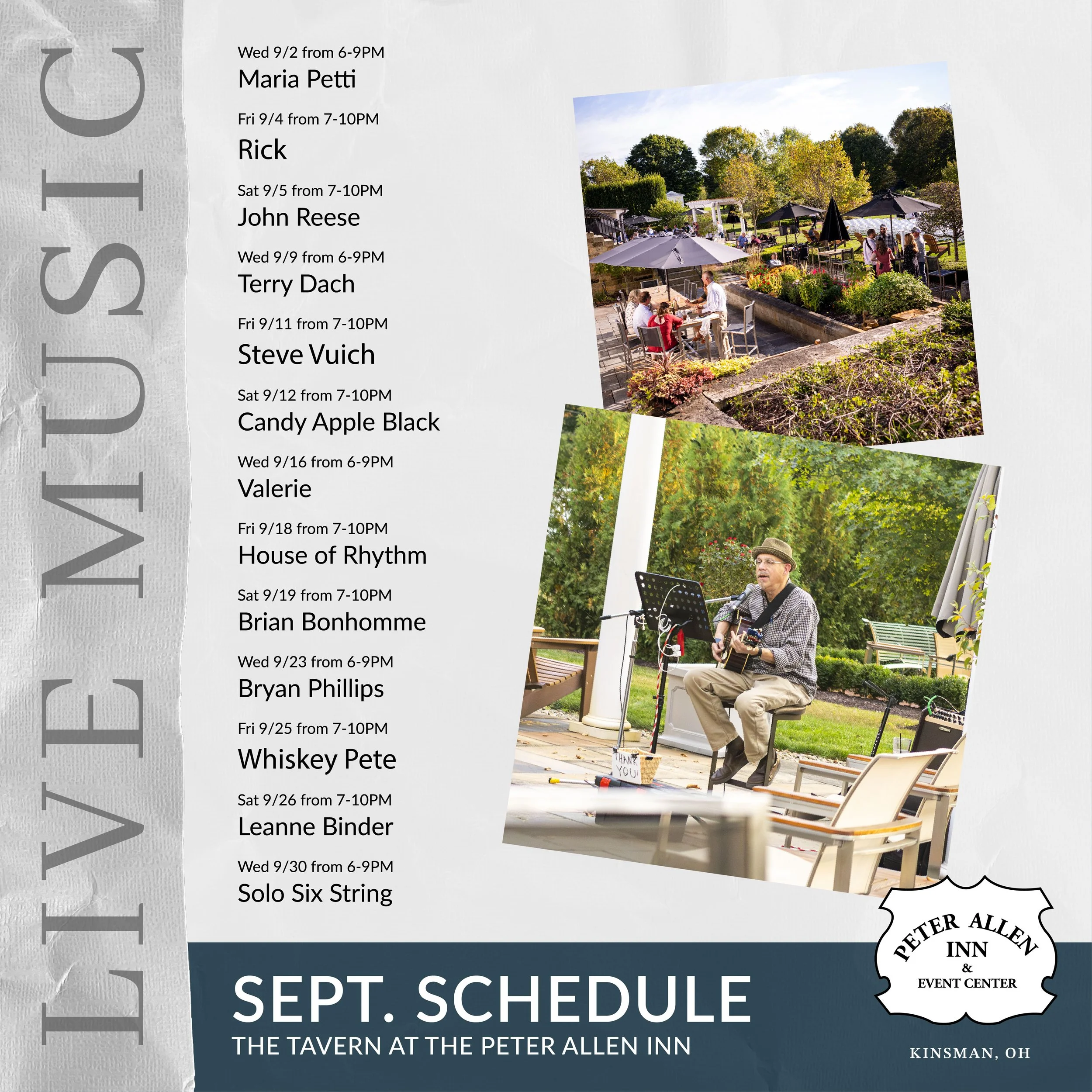 September Live Entertainment Thumbnail with Names, Dates and Times