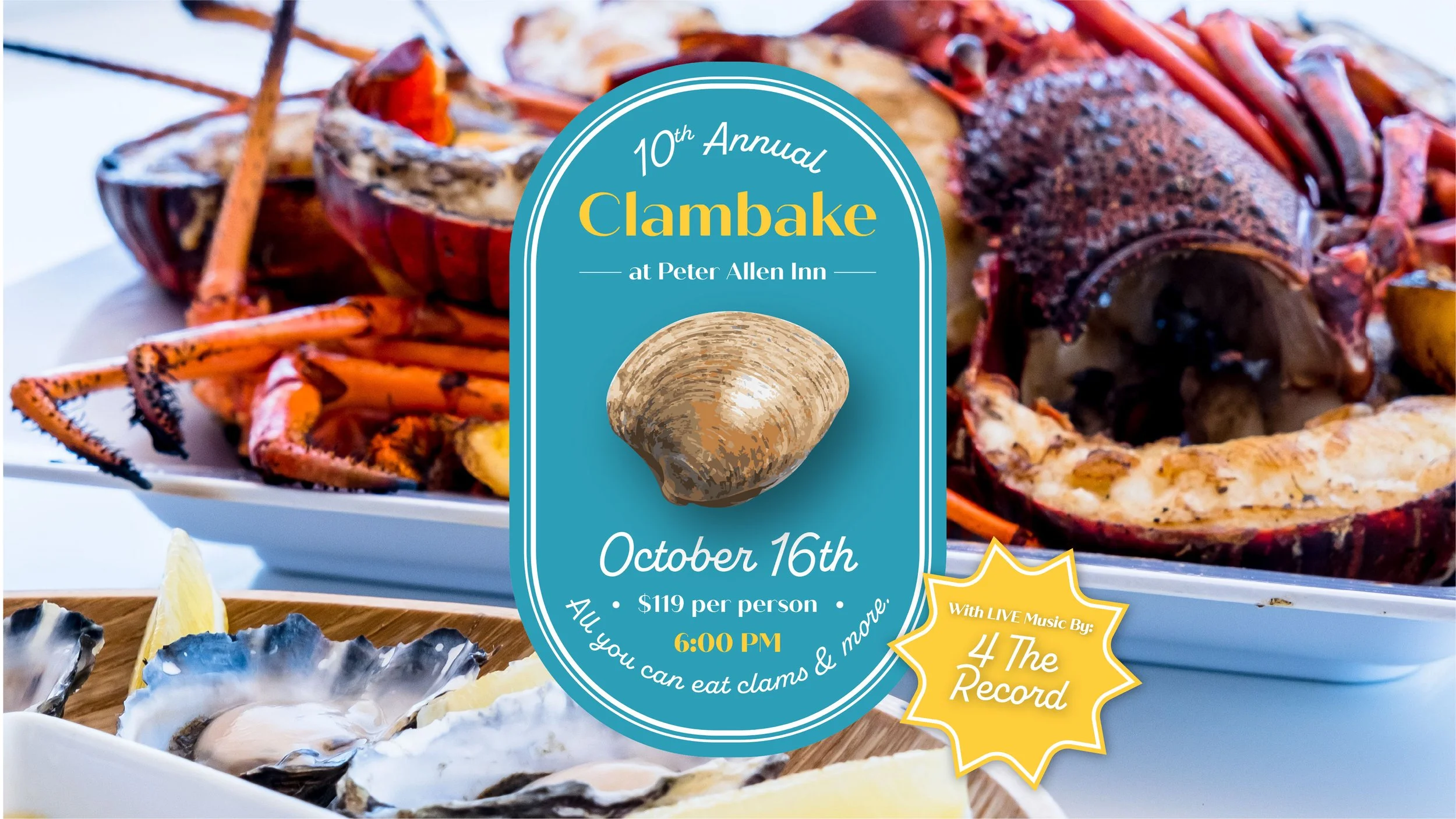 10th Annual Clambake Thumbnail featuring text, and an image of lobster and clams in the background