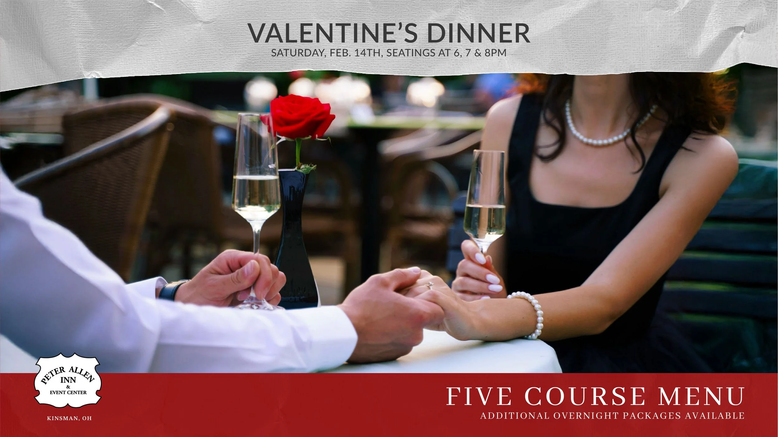 Valentine's Dinner Thumbnail featuring a couple holding hands at a small dinner table with a Champaign glass and red rose