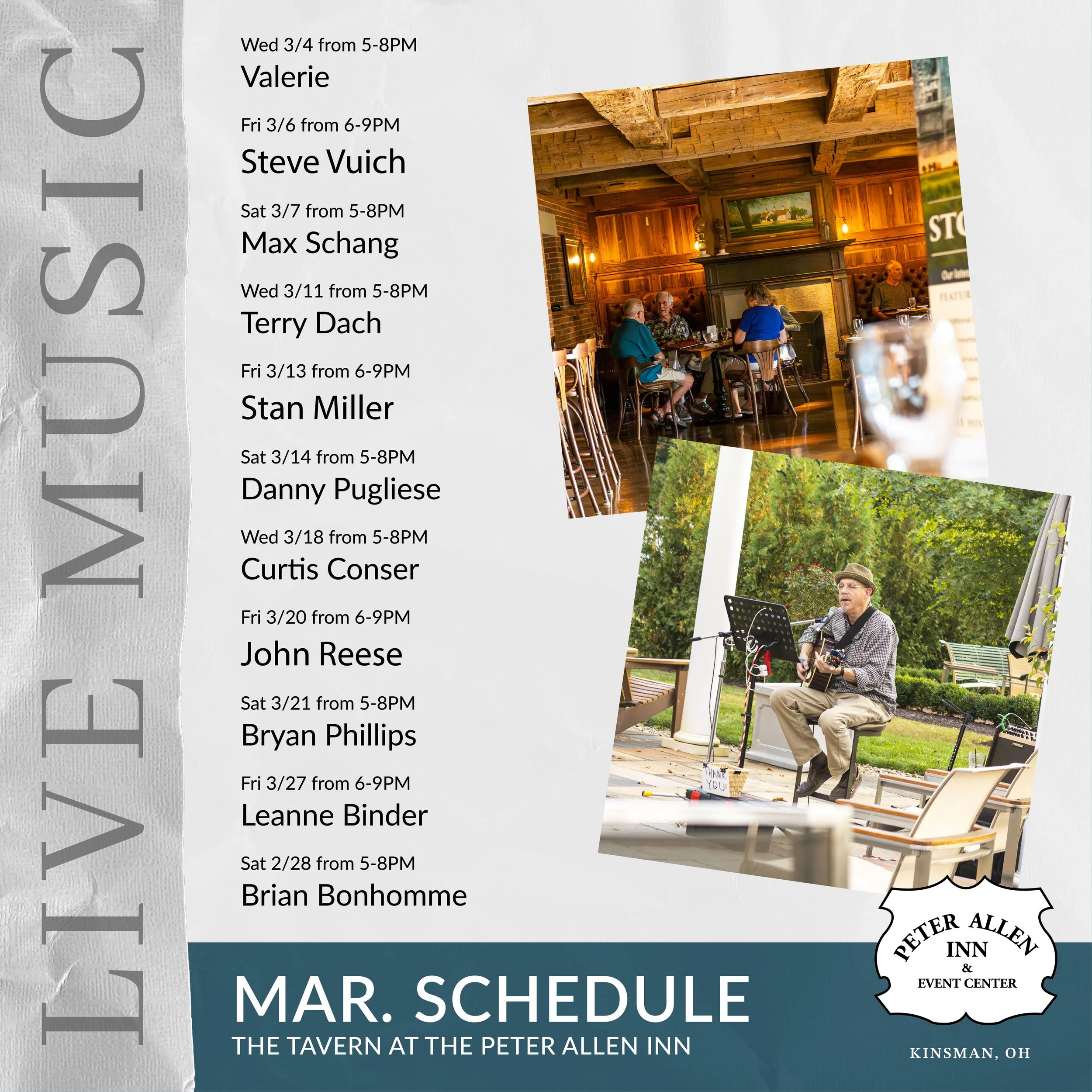 March Live Entertainment Scheudle with Dates, Times and Performer Names