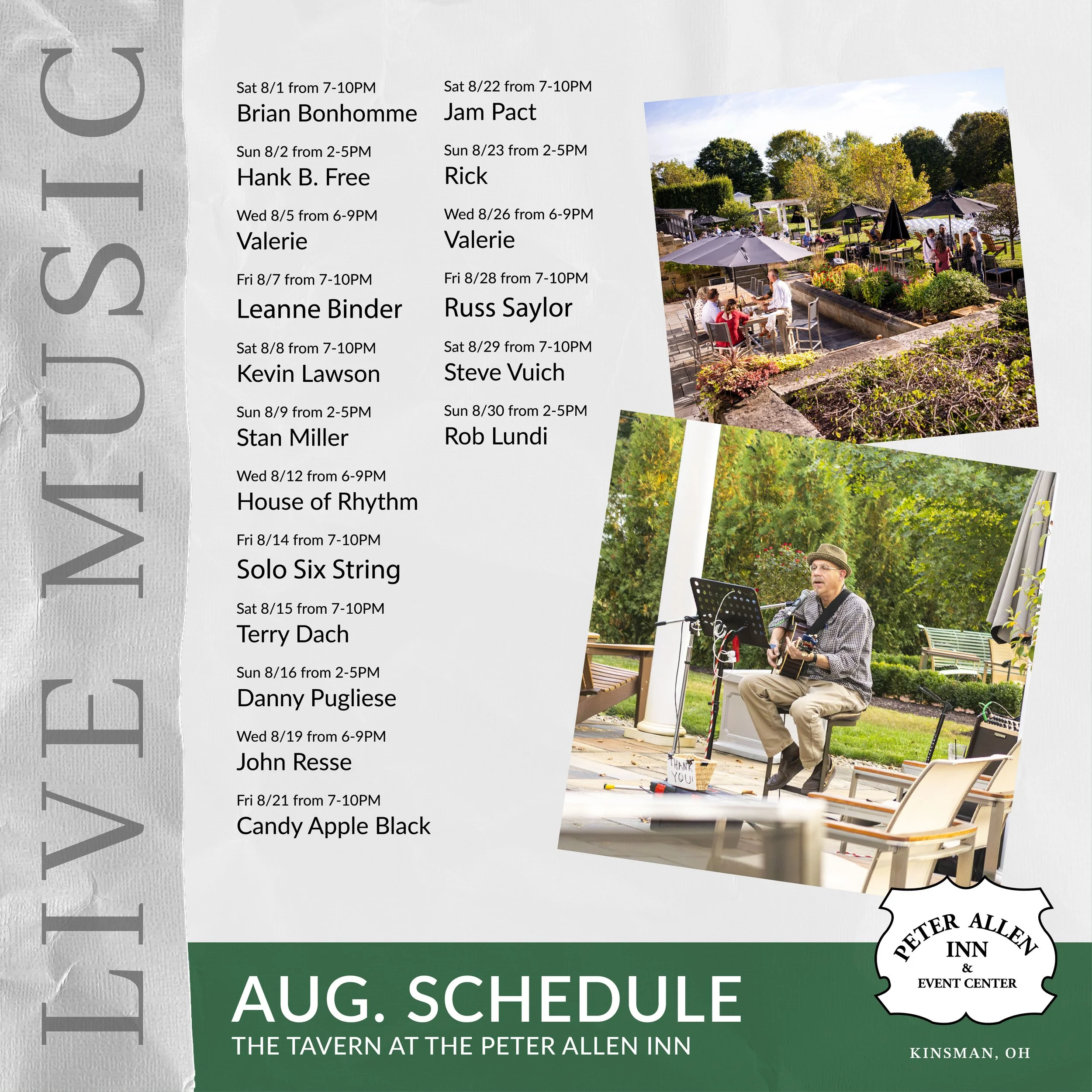 August Live Entertainment Thumbnail with Names, Dates and Times