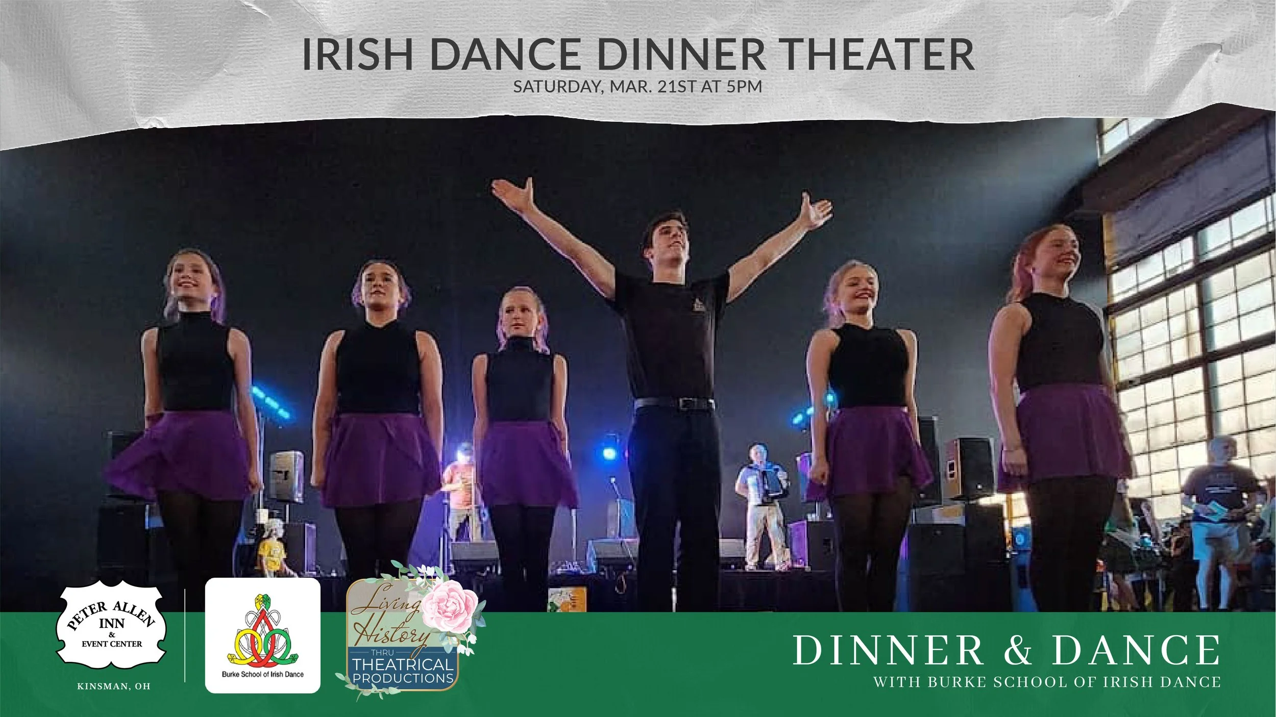 Irish Dance Theater Thumbnail with Line of Dancers Posing after Routine at Competition
