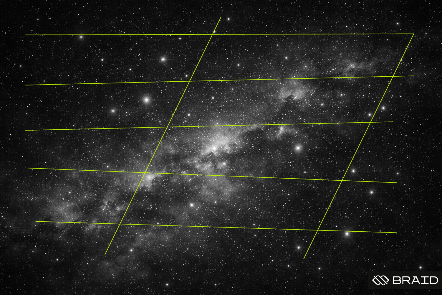 Black and white image of a starfield/galaxy with intersecting green lines.