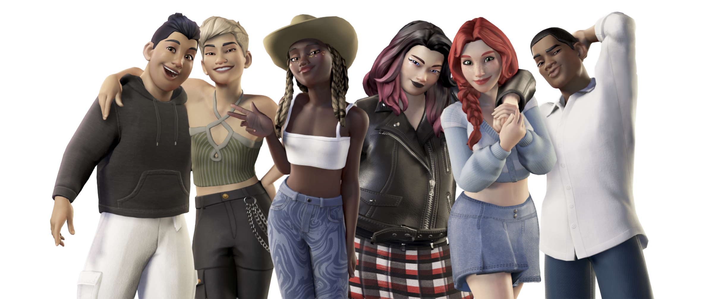 Six diverse animated characters posing together, smiling and having fun.
