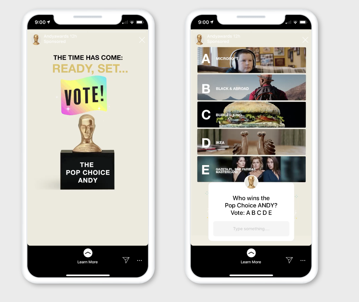 Screenshots of a voting app. The first screen shows a pop culture award statue and the text "The pop culture award with the tagline "The time has come: Ready, set... Vote!" The second screen displays a poll with options A through E, including a child wearing headphones, a hiker, a burger, a pair of ceramic animal figurines, and a group of women, with the question "Who wins the Pop Choice ANDY? Vote: A B C D E."