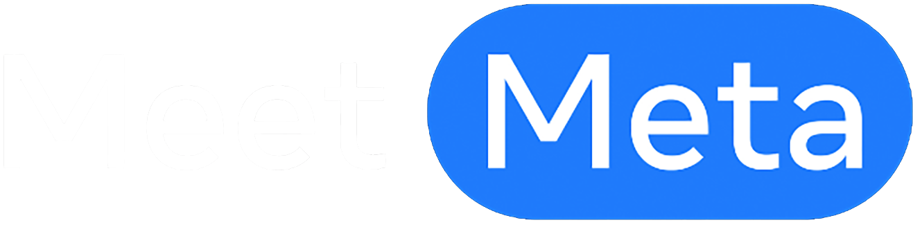 Zoomed in graphic with the text "Meta" on a blue oval shape overlapping a gray rectangle with the partially visible text "Meet."