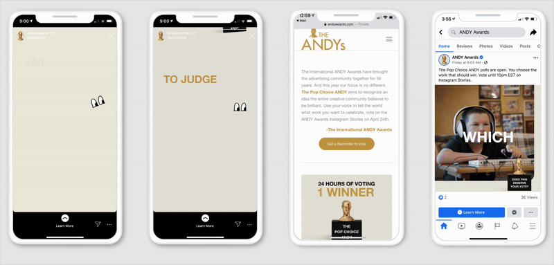 Screenshots of a mobile app and social media posts related to the ANDYs Awards, including voting instructions, a voting reminder, and a promotional video with a child.
