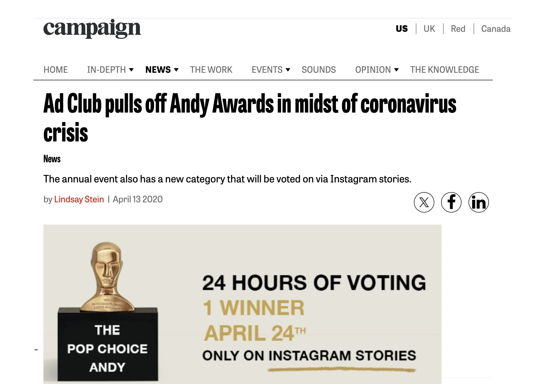 Screenshot of a news article from Campaign website titled 'Ad Club pulls off Andy Awards in midst of coronavirus crisis' by Lindsay Stein, published on April 13, 2020. The article discusses the Andy Awards event.