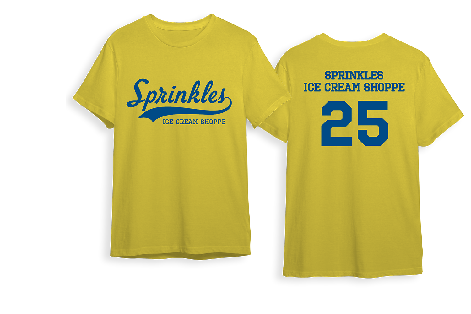 Yellow T-shirt with blue text that says 'Sprinkles ICE CREAM SHOPPE' on the front, and the back has blue text with 'SPRINKLES ICE CREAM SHOPPE' and the number 25.
