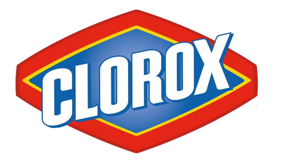 Clorox logo with a red diamond shape, yellow outlines, and blue background featuring the brand name in bold white letters.