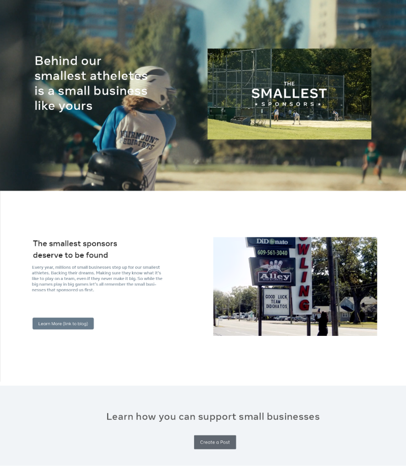 A webpage promoting support for small businesses and athletes. The top section shows a young athlete in a helmet playing baseball, with a caption about small businesses behind athletes. The middle section discusses small sponsors with an image of a sign for a building supply store and a baseball field in the background. The bottom invites support for small businesses with a 'Create a Post' button.
