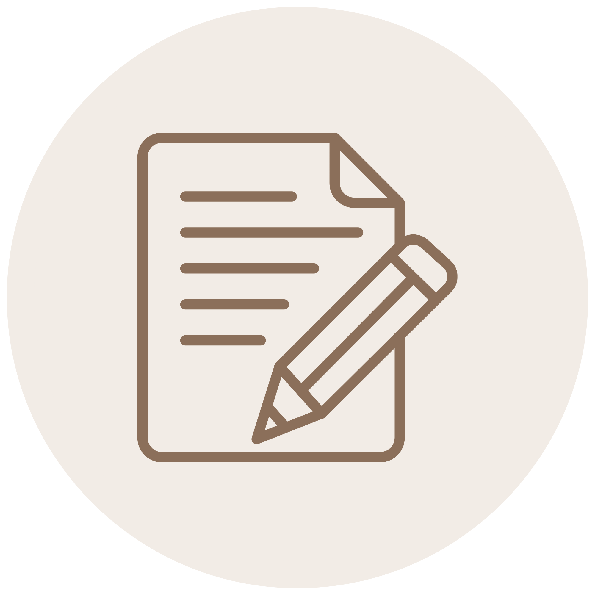 Illustration of a document or paper with lines and a pencil, drawn in a minimalist style with brown lines on a circular background.