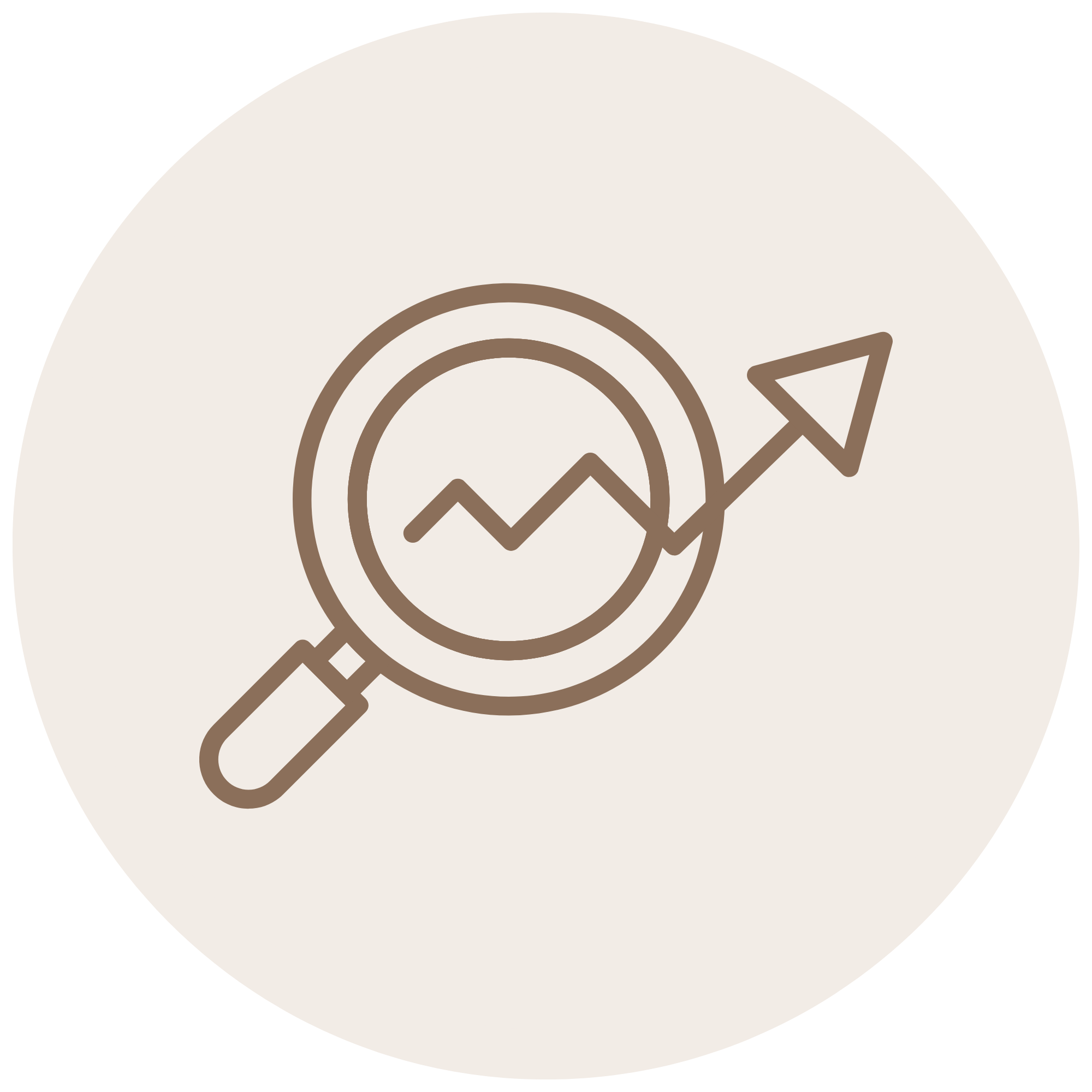 A simple graphic with a magnifying glass over a line graph, set on a light beige circular background.