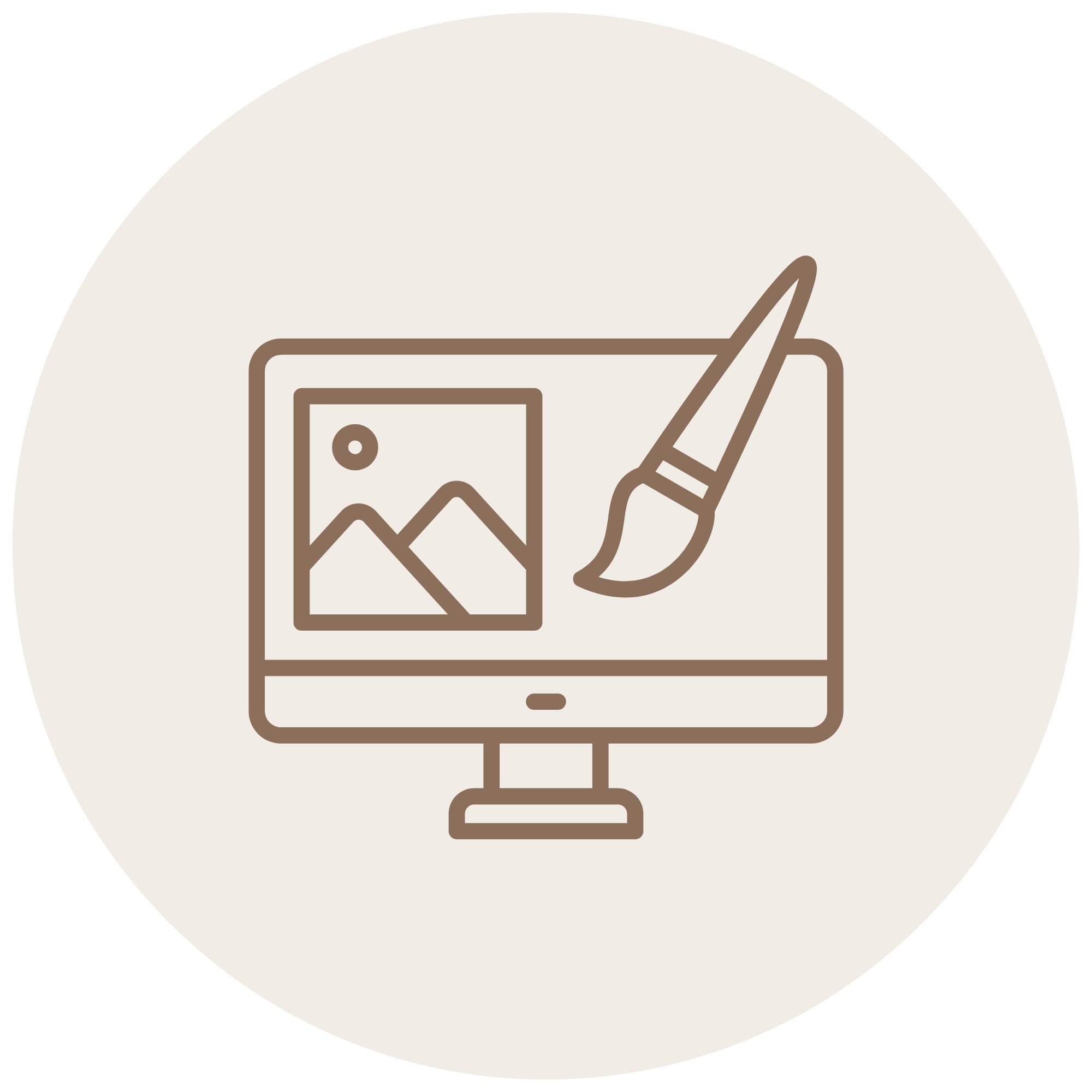 Line art icon of a computer monitor with a rising bar chart on the screen and a pen next to it.