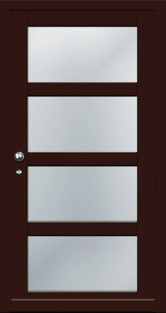 Eine Holztür mit fünf Glasfenstern und einem silbernen Türknauf.