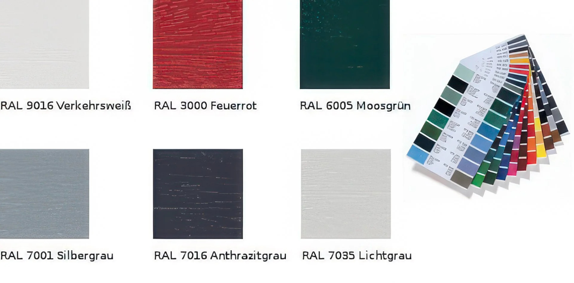 Farbmuster- und Farbfächer mit verschiedenen RAL-Farbcodes, einschließlich Verkehrsweiß, Feuerrot, Moosgrün, Silbergrau, Anthrazitgrau und Lichtgrau.