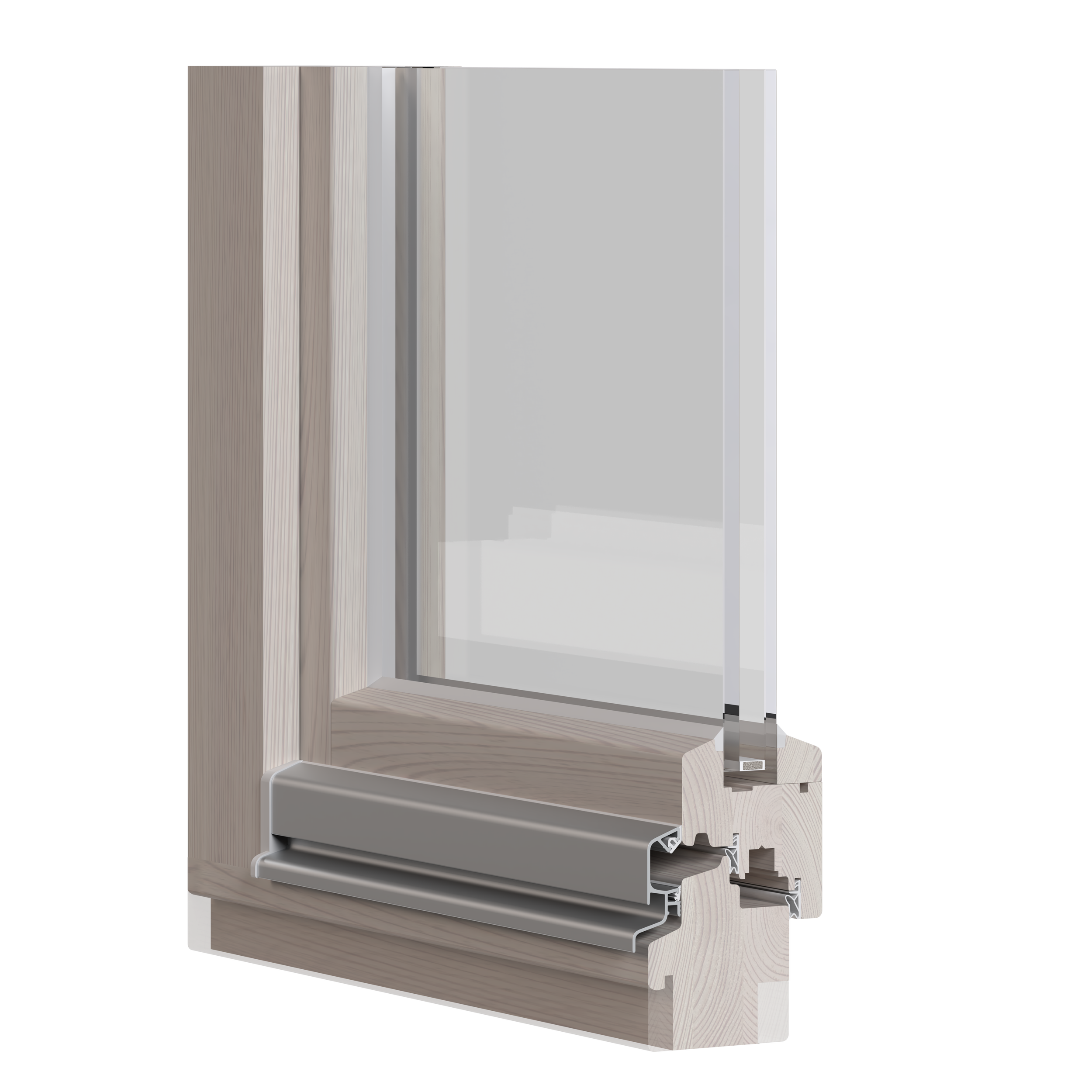 Detaillierte Ansicht eines modernen Fensterrahmens aus Holz und Metall mit Isolations- und Dichtungsbestandteilen.