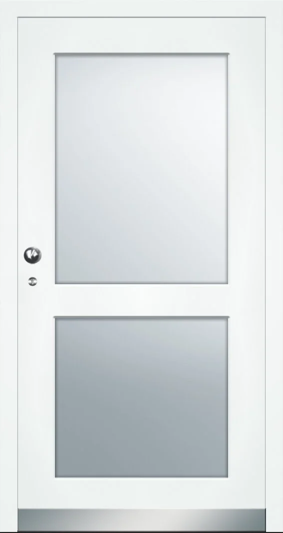 Weiße Glastür mit zwei transparenten Paneelen und einem runden Türknopf auf der linken Seite.