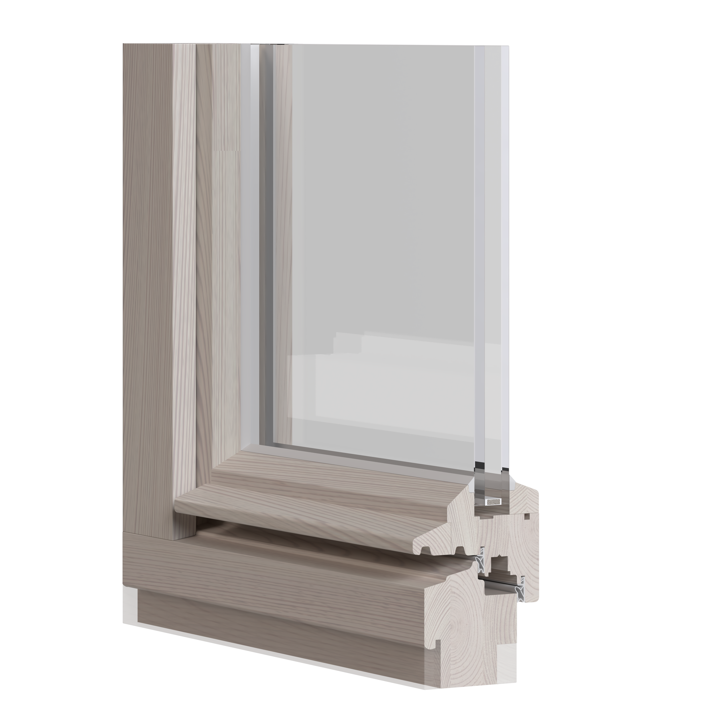 Holzrahmen mit Doppelglasfenster, Teil eines Fensterprofils