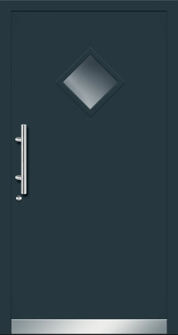 dunkle Haustür mit einem kleinen quadratischen Fenster und einem silbernen Griff