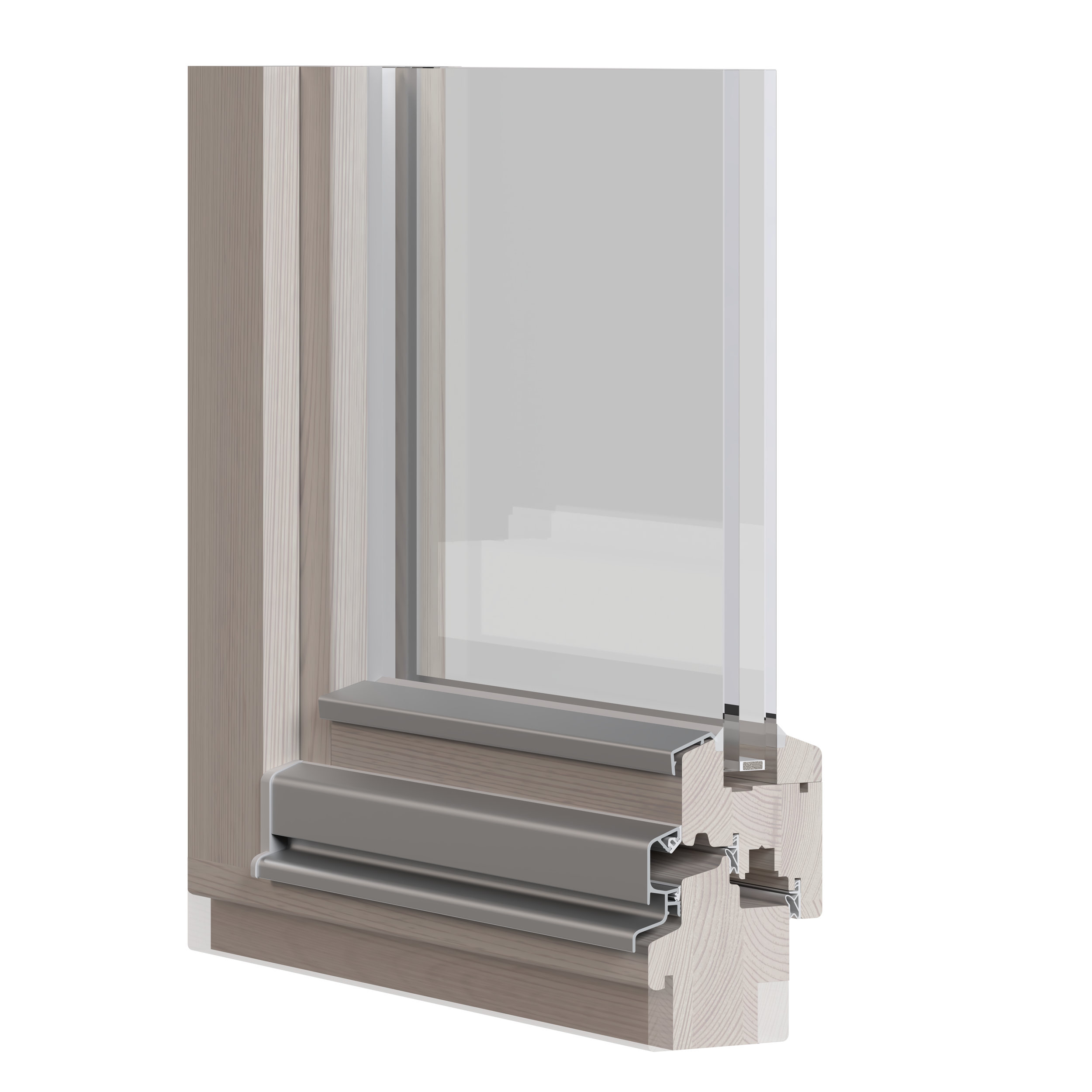 Schnittansicht eines modernen Fensterrahmens mit Glas, Holz und Metallkomponenten.