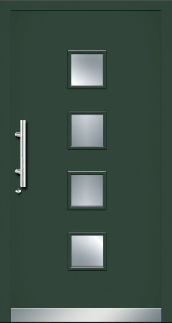 Eine grüne Haustür mit vier quadratischen Fenstern und einem silbernen Türgriff.