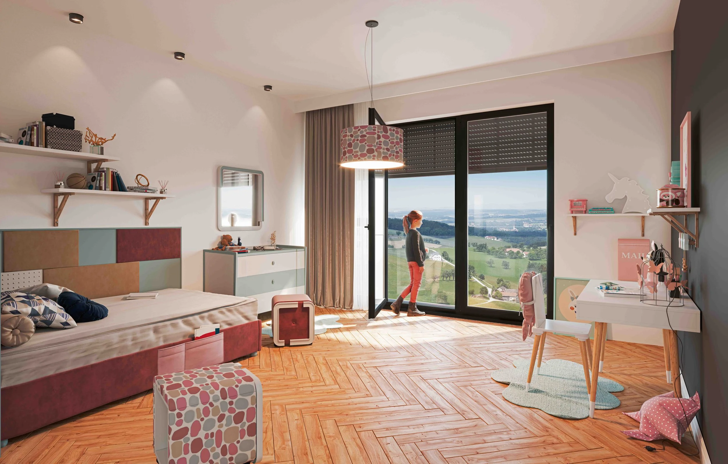 Ein Kinderzimmer mit Bett, Schreibtisch, Regal, großer Fensterfront mit Aussicht ins Grüne, ein Mädchen schaut hinaus, und bunte Decor-Elemente.