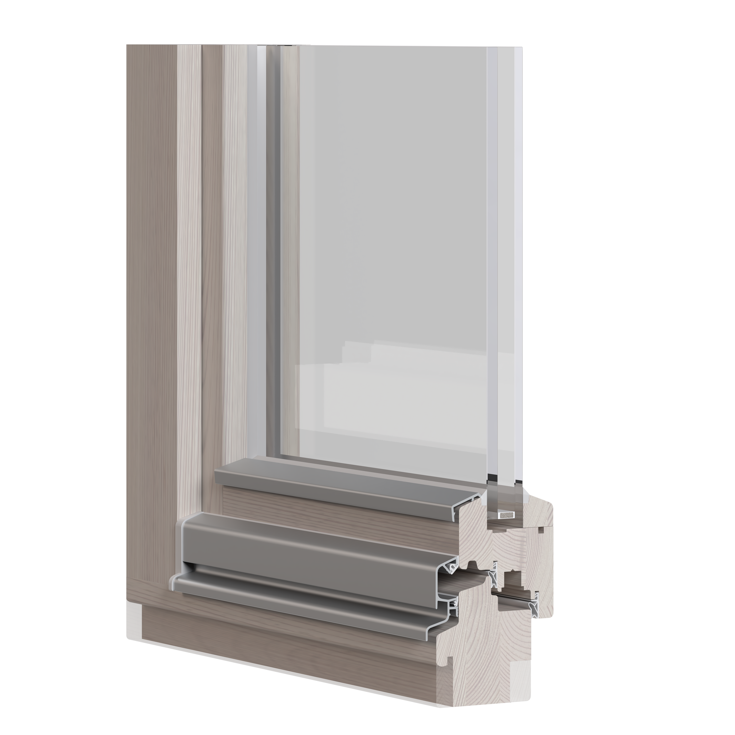 Schnittansicht eines modernen Fensters mit Holzrahmen und Kunststoffdichtung, inklusive Details der Fenstertechnik.