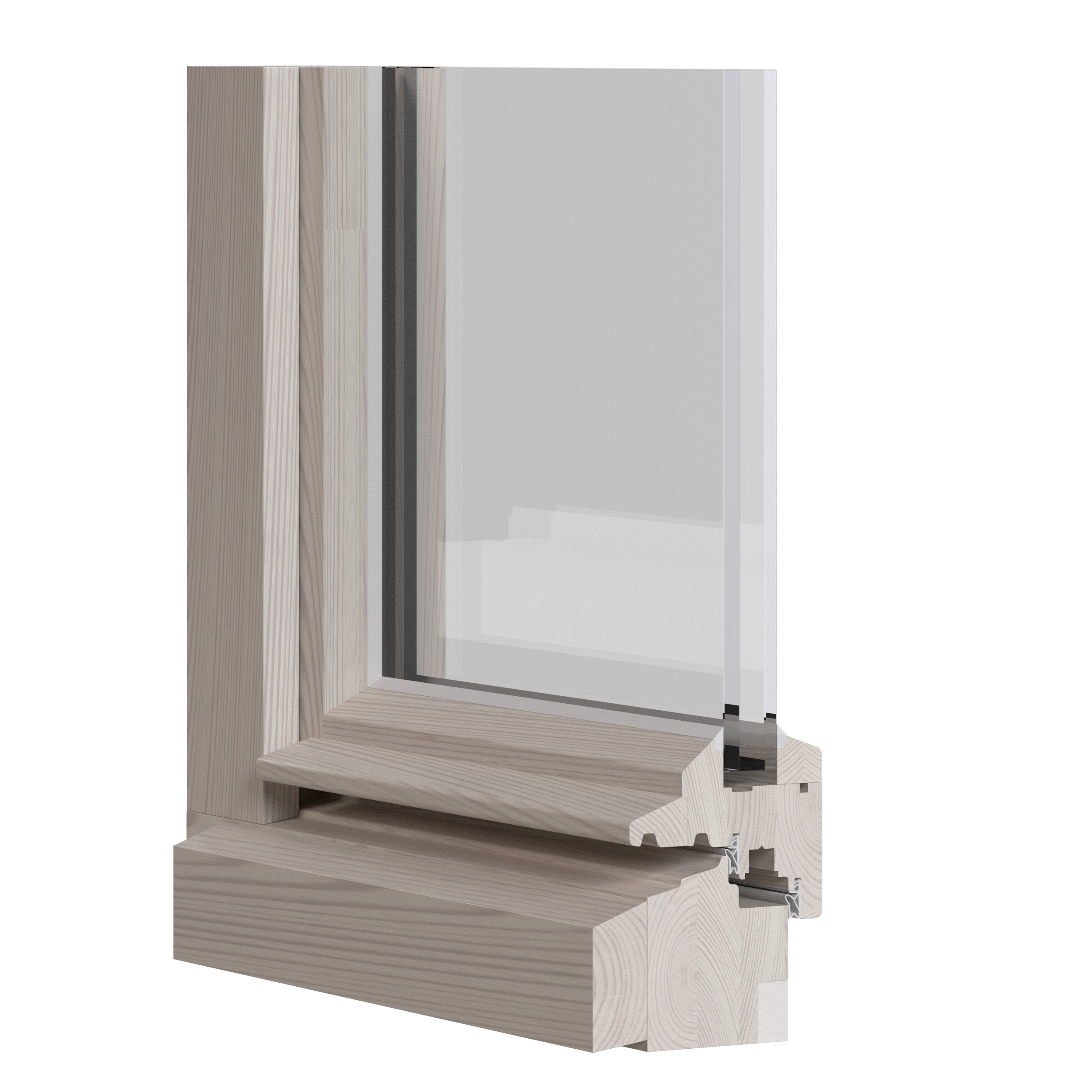Schnittansicht eines modernen Holzfensters mit Doppelverglasung, Holzrahmen und integriertem Fensterflügel.