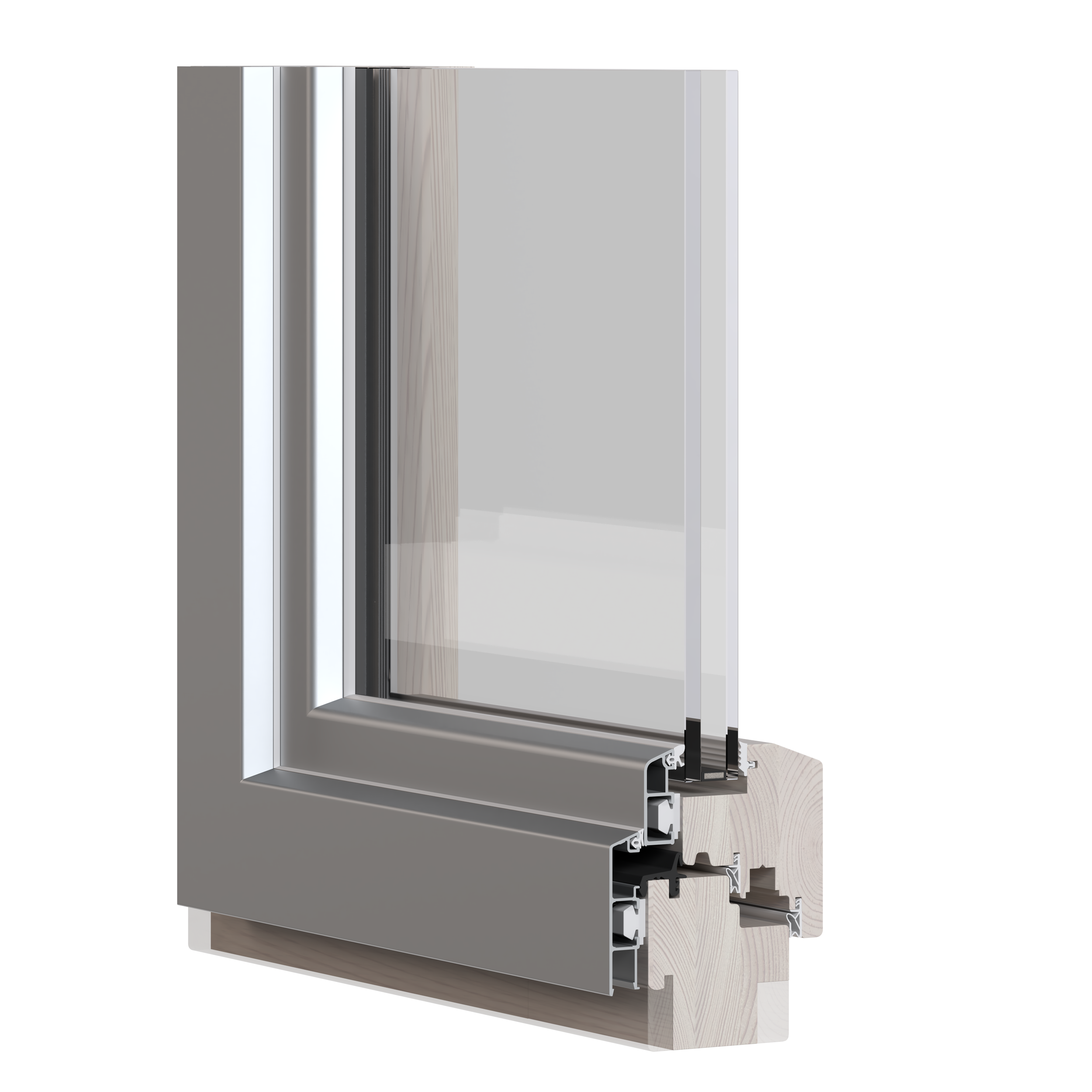 Querschnitt eines modernen Fensterrahmens mit Scheiben, Fensterrahmen aus Aluminium und Holz