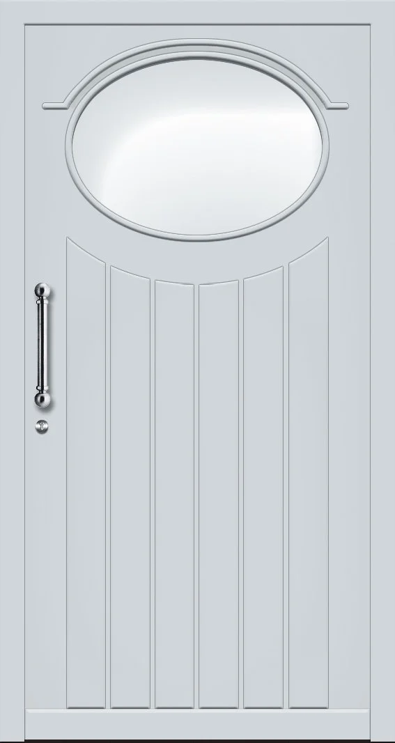 Graue Haustür mit ovalem Fenster und silbernem Griff