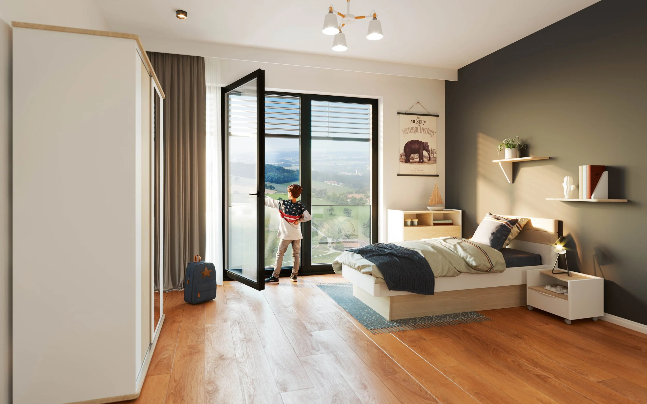 Ein Junge steht auf dem Balkon in einem modernen Schlafzimmer und blickt auf eine grüne Landschaft mit Hügeln.