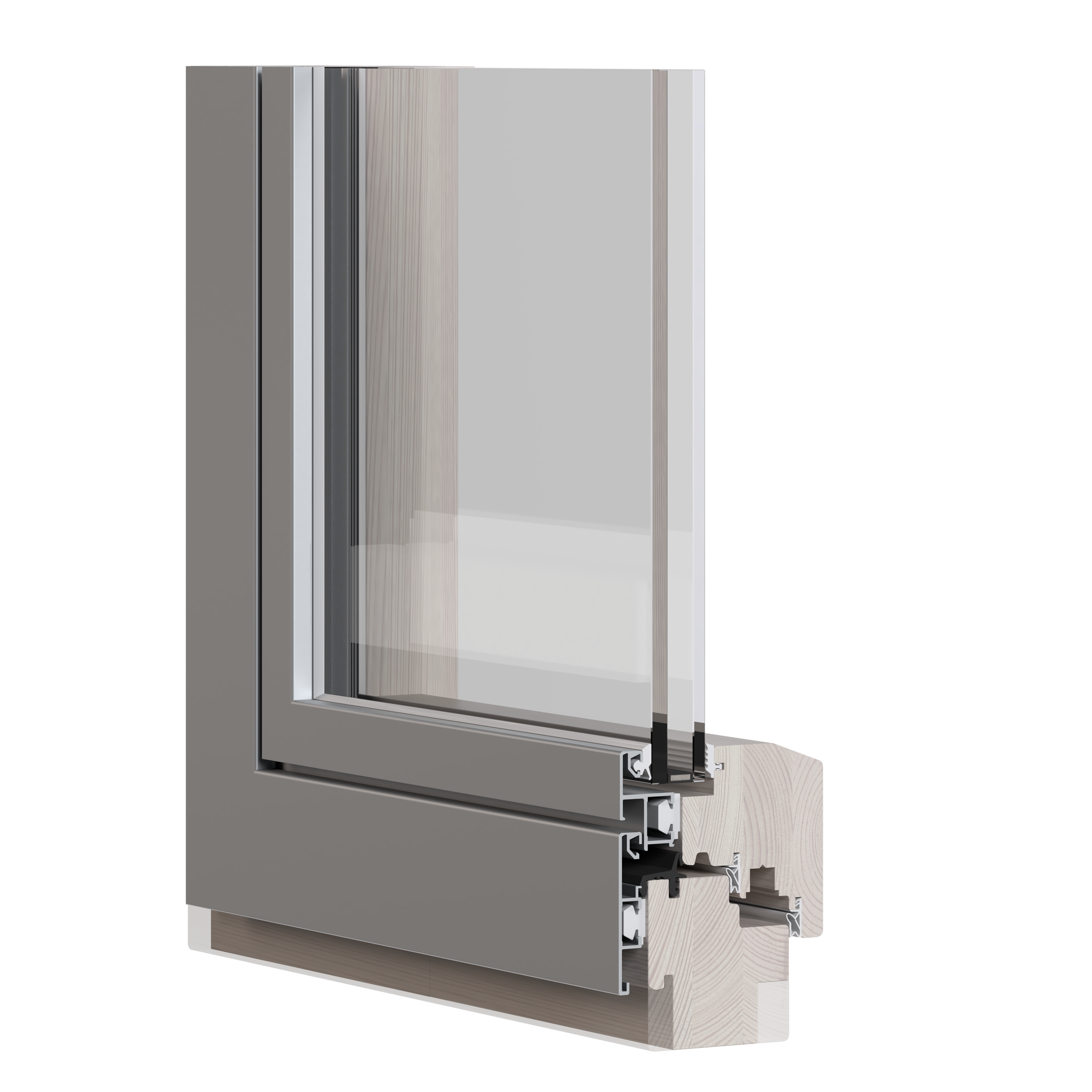 Querschnitt einer modernen Fensterkonstruktion mit rahmen, doppeltverglastem Scheibe und Holzfundament