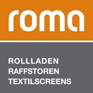 Logo mit orangeem und grauem Hintergrund, Text: 'Roma' und Angebote wie Rolladen, Raffstoren, Textil Screens