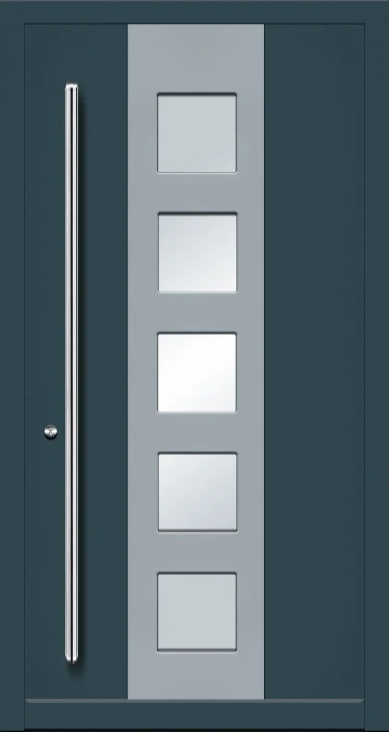 Moderne Eingangstür mit vier quadratischen Fenstern und langem Türgriff