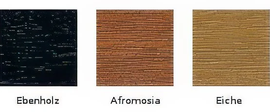 Vergleich von Holzarten: Ebenholz, Afromosia und Eiche, jeweils mit Textbeschriftung