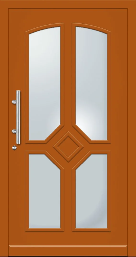 Holztür mit vier glasfarbenen Paneelen und einem silbernen Griff auf der linken Seite.